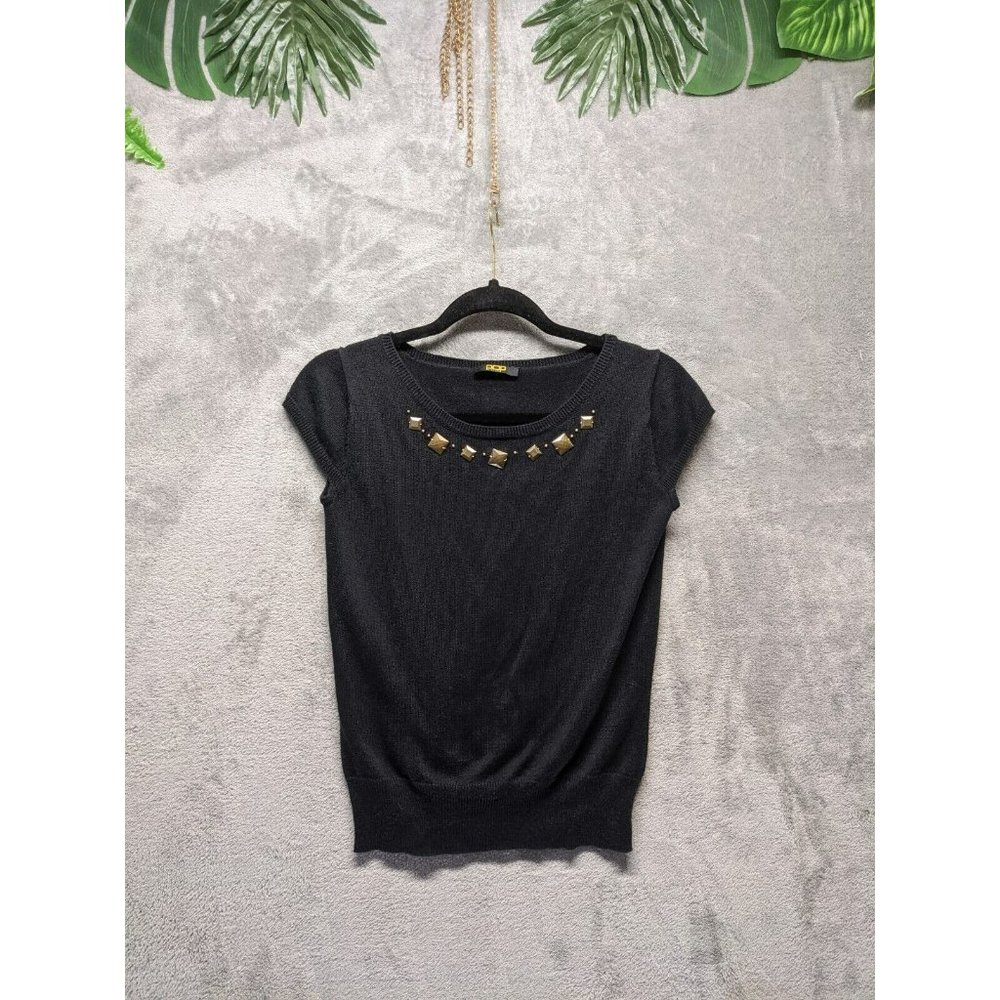 POPULATION Women Knit Top Black Cap Sleeve Embellished Beaded Pullover S(4-6)